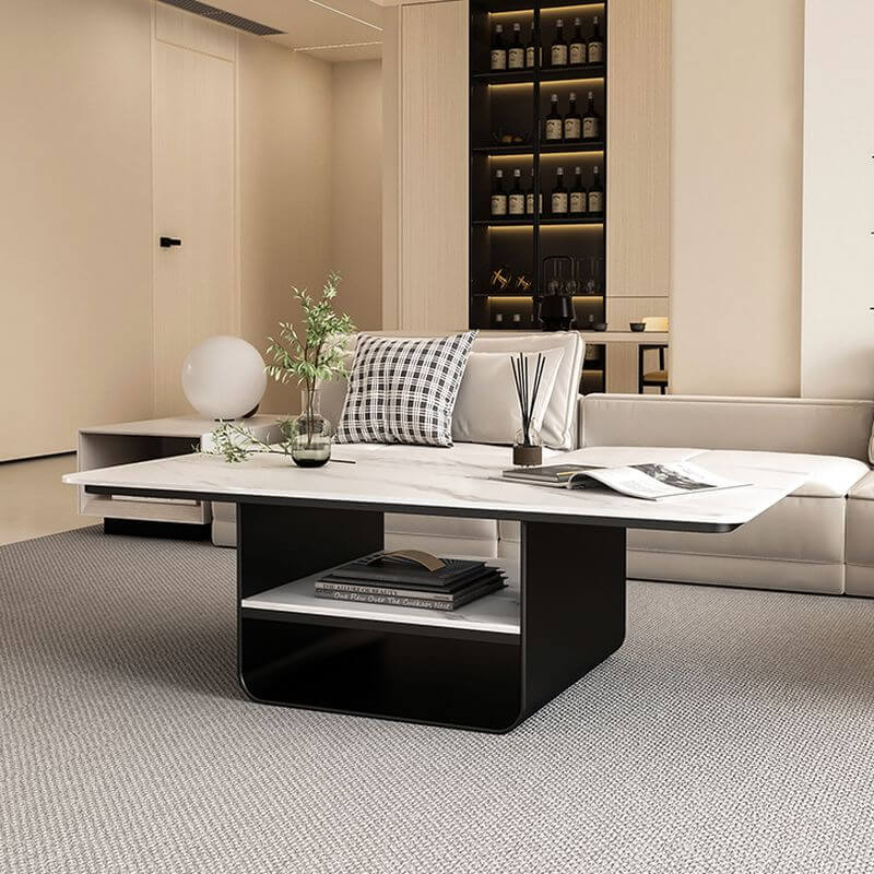 Modern Geometric Sintered Stone Coffee Table with Plinth Base and Two Shelves Main Product Image Imagen principal del producto