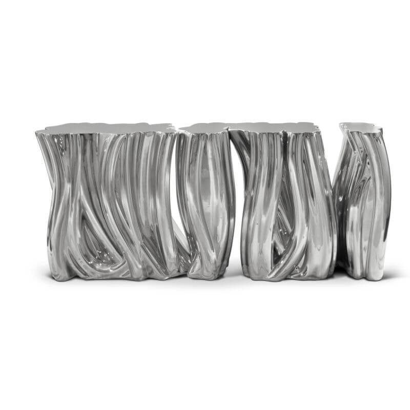 Modern Glam Fiberglass Console Table with Abstract Sculptural Base