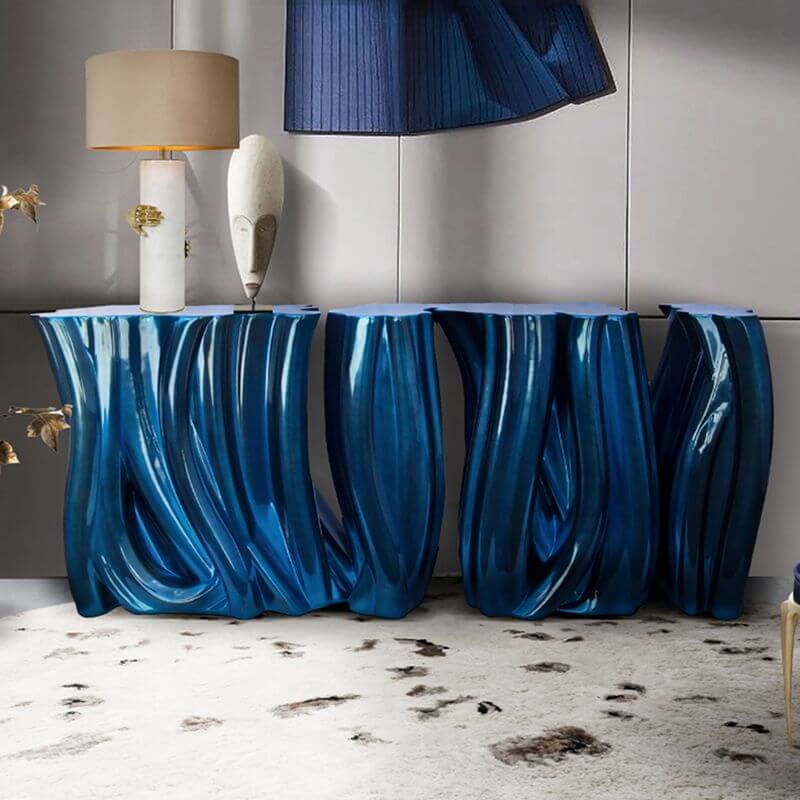 Modern Glam Fiberglass Console Table with Abstract Sculptural Base
