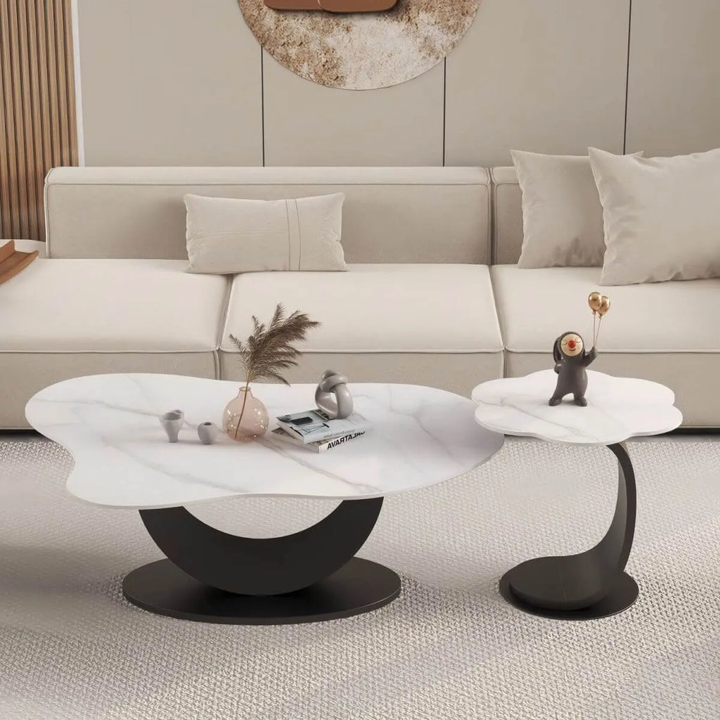 Modern Glam Stone Top Coffee Table with Sculptural Metal Base