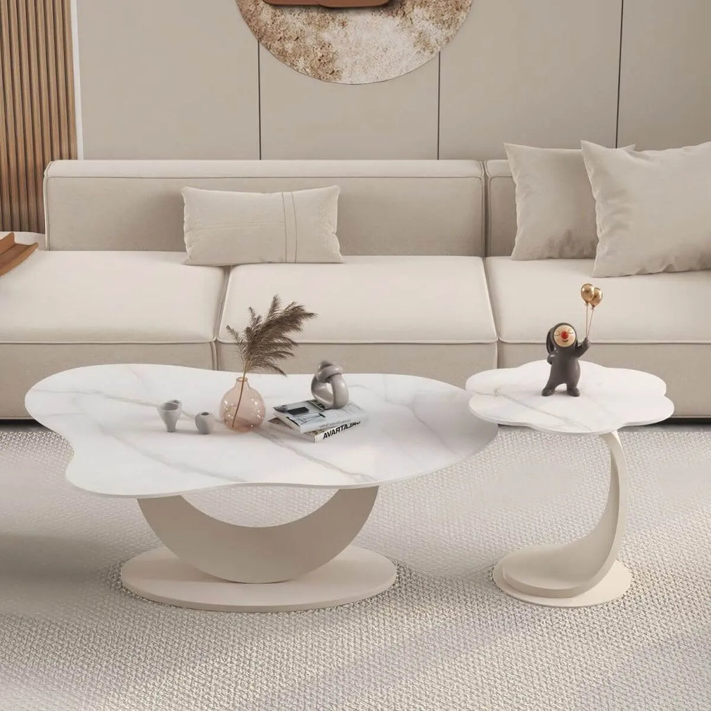 Modern Glam Stone Top Coffee Table with Sculptural Metal Base Main Product Image