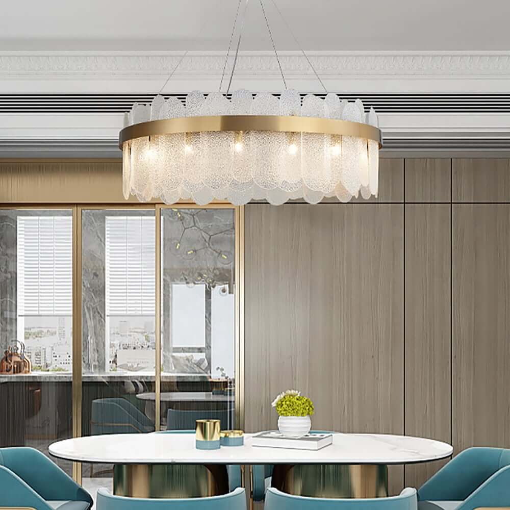Modern Glass Chandelier with Adjustable Height and Ambient Warm White Lighting
