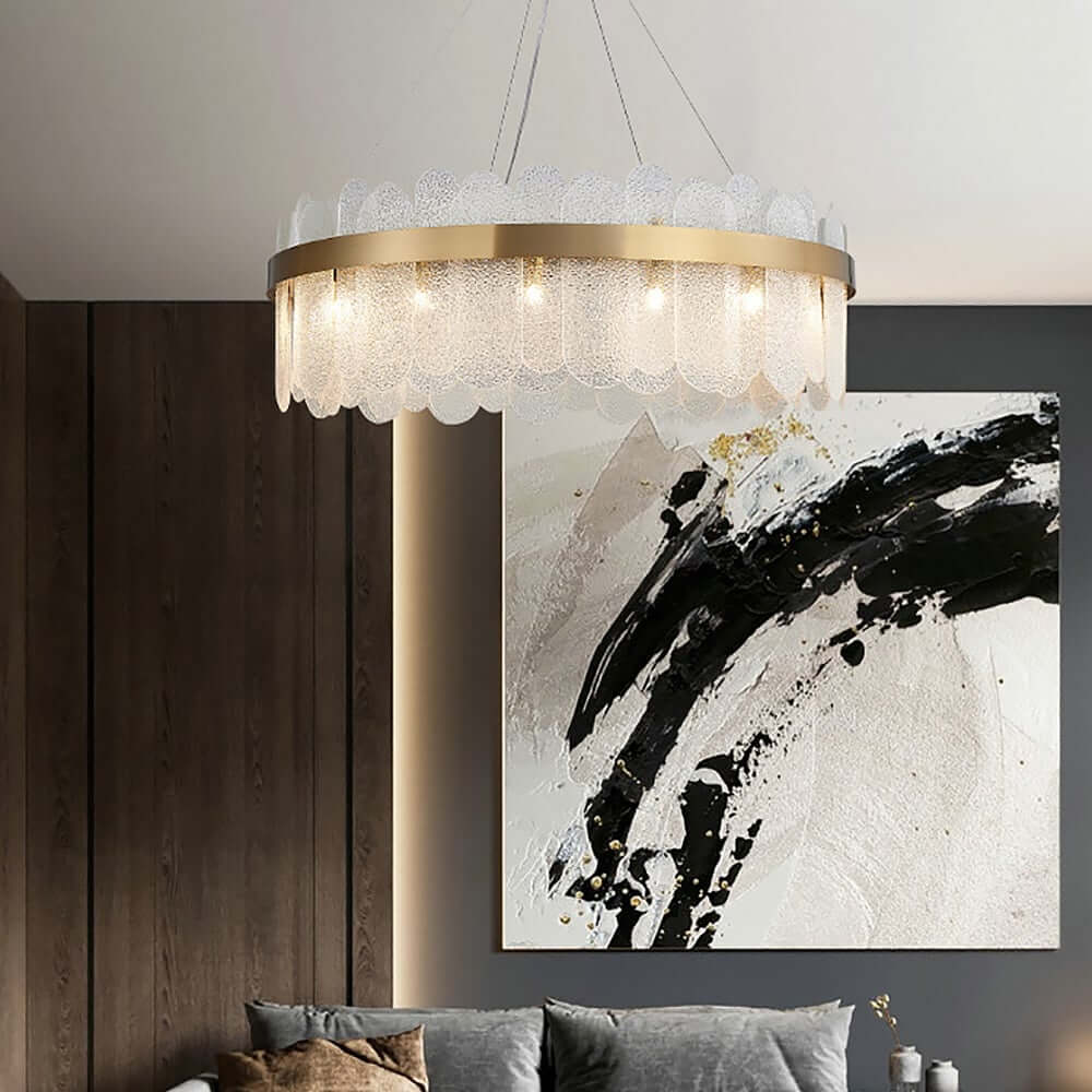 Modern Glass Chandelier with Adjustable Height and Ambient Warm White Lighting