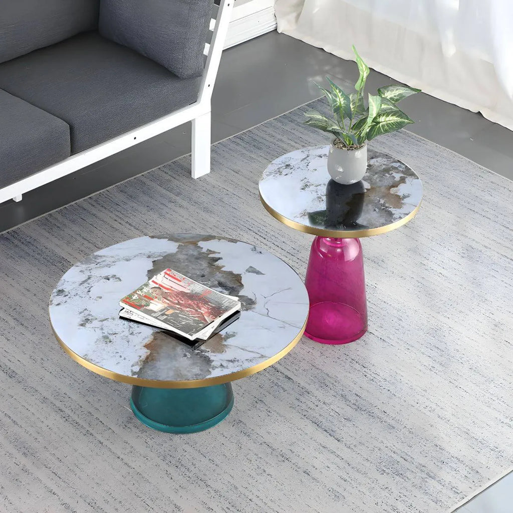 Modern Glass Drum Side Table with Matte Top – Nordic Accent Table