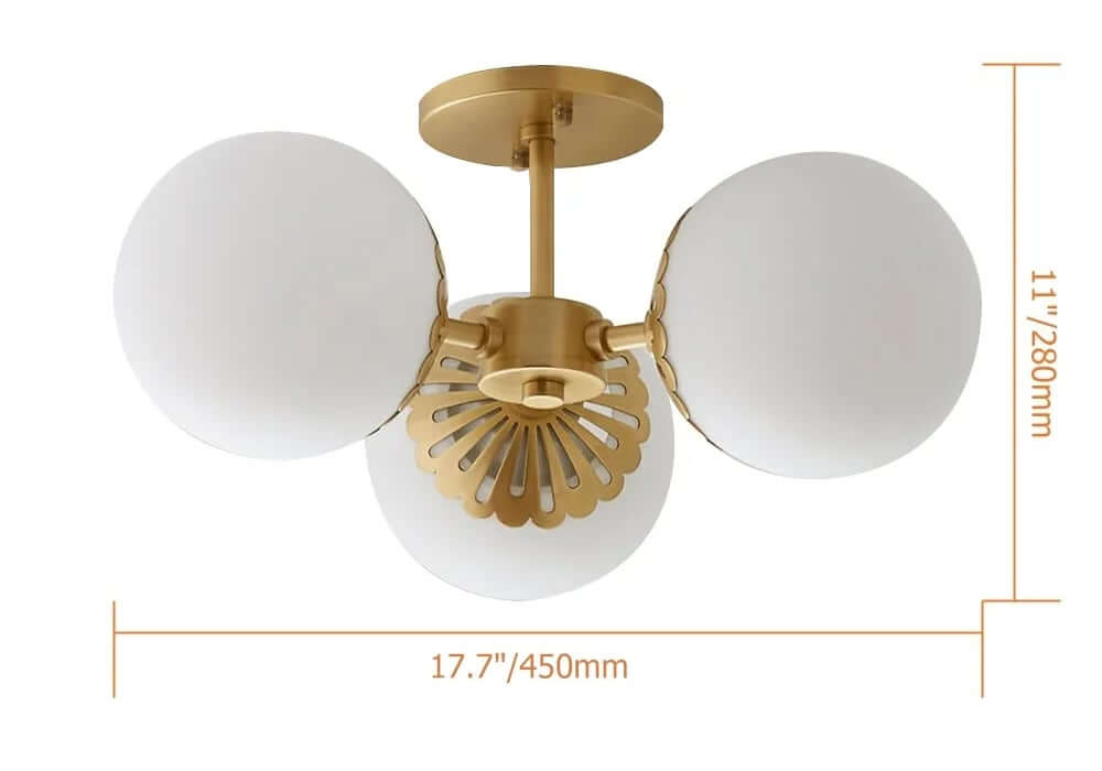 Modern Glass Globe Semi-Flush Ceiling Light with Gold Finish Dimensions