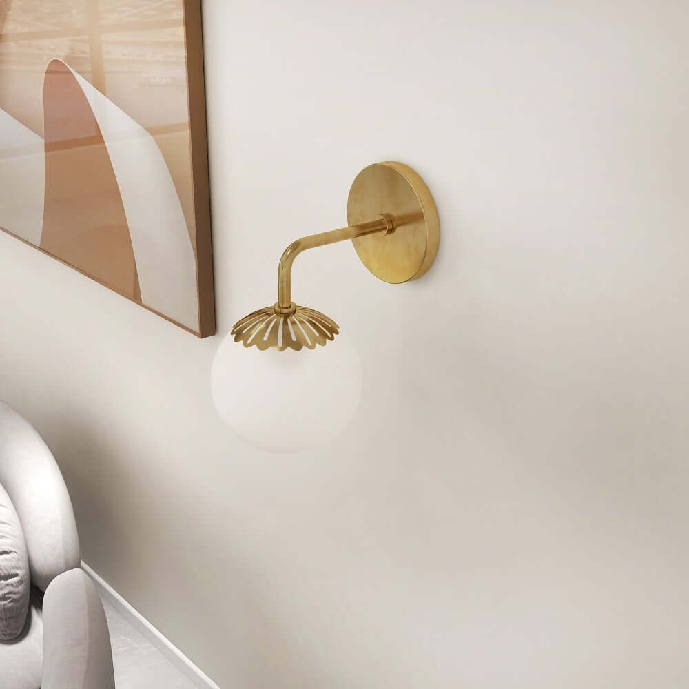 Modern Gold Armed Wall Sconce with Frosted White Glass Globe Shade Secondary image