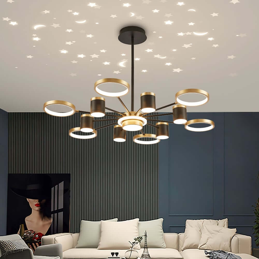 Modern Gold & Black Aluminum 14-Light Dimmable Starry Sky Chandelier Secondary image