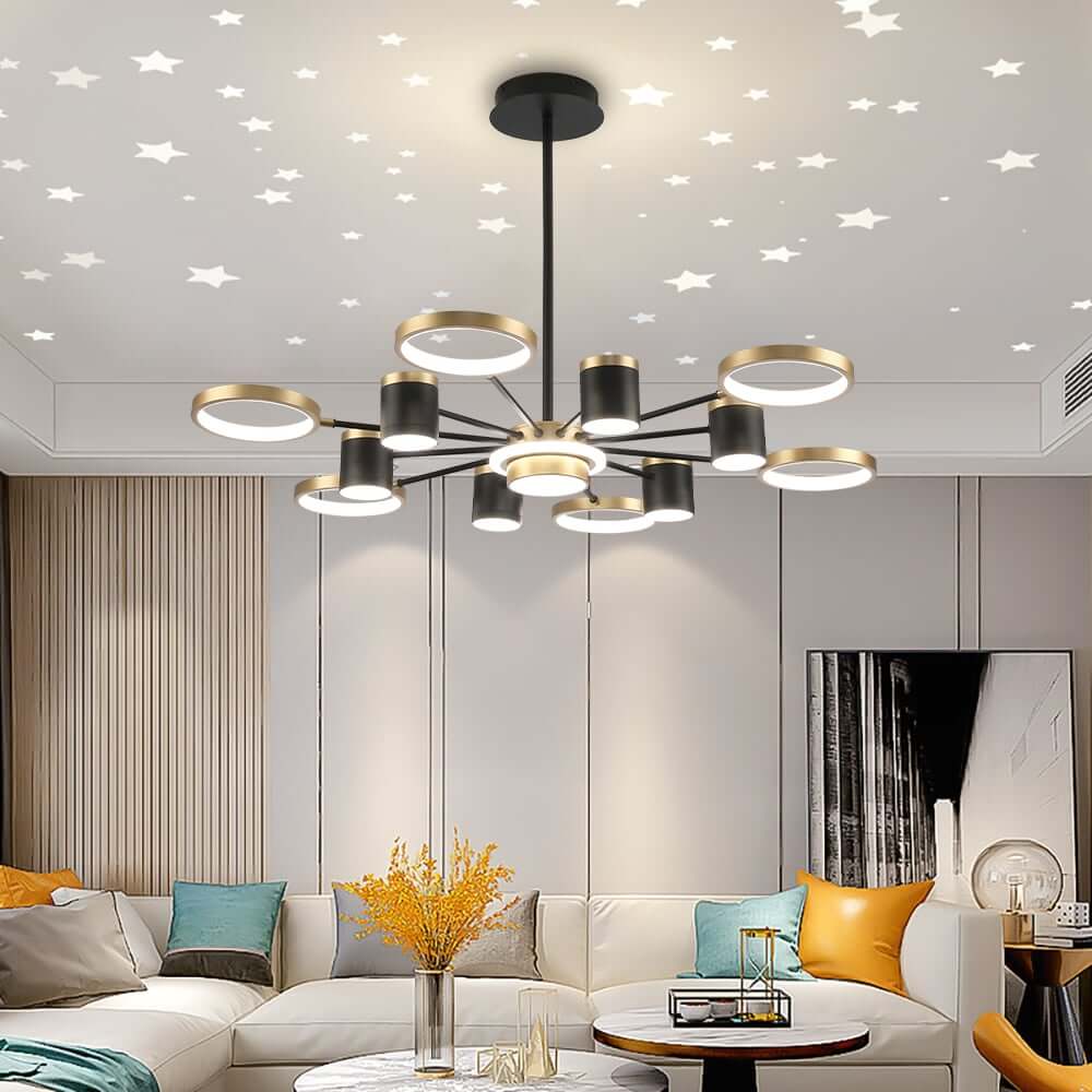 Modern Gold & Black Aluminum 14-Light Dimmable Starry Sky Chandelier