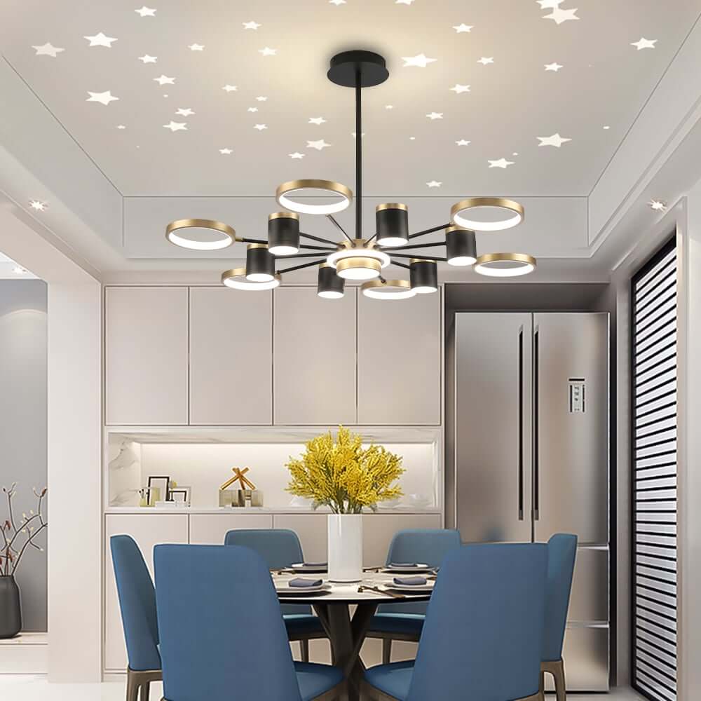 Modern Gold & Black Aluminum 14-Light Dimmable Starry Sky Chandelier