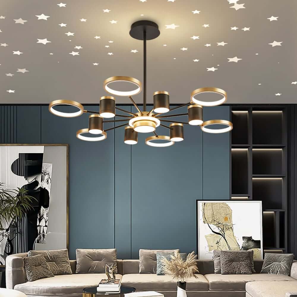Modern Gold & Black Aluminum 14-Light Dimmable Starry Sky Chandelier