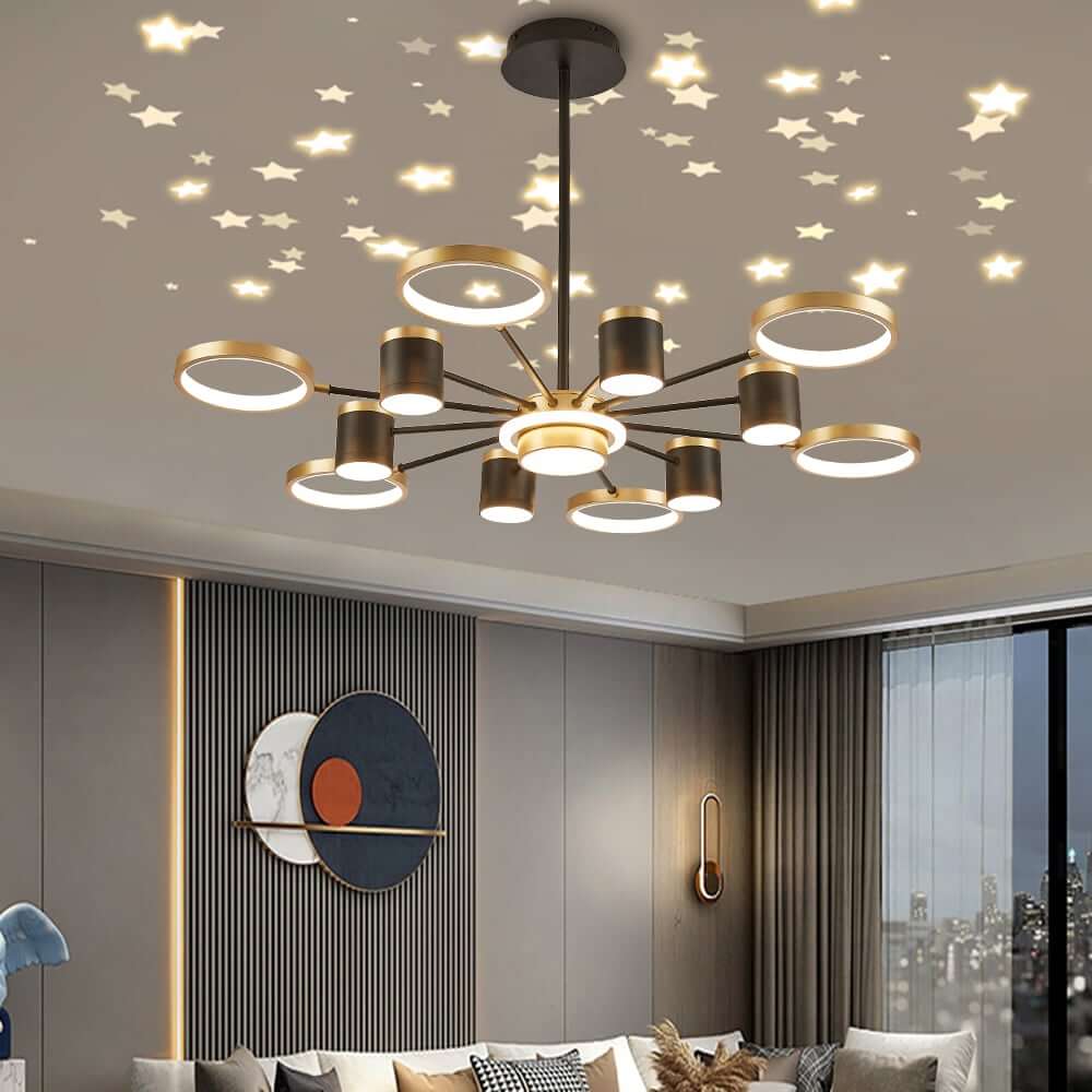 Modern Gold & Black Aluminum 14-Light Dimmable Starry Sky Chandelier