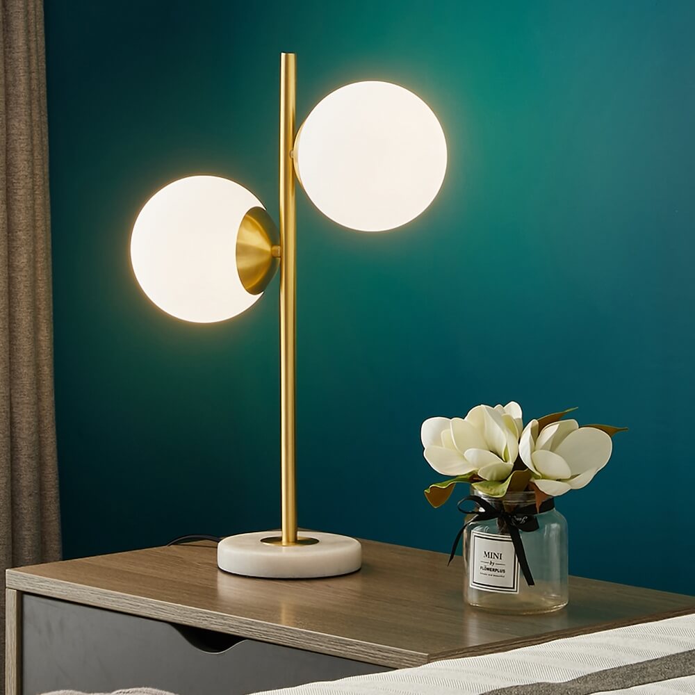 Modern Gold-Finish Faux Marble Table Lamp with 2 White Glass Globes
