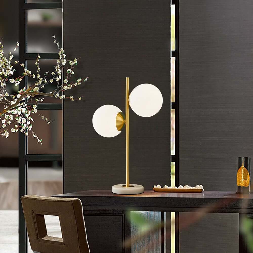 Modern Gold-Finish Faux Marble Table Lamp with 2 White Glass Globes