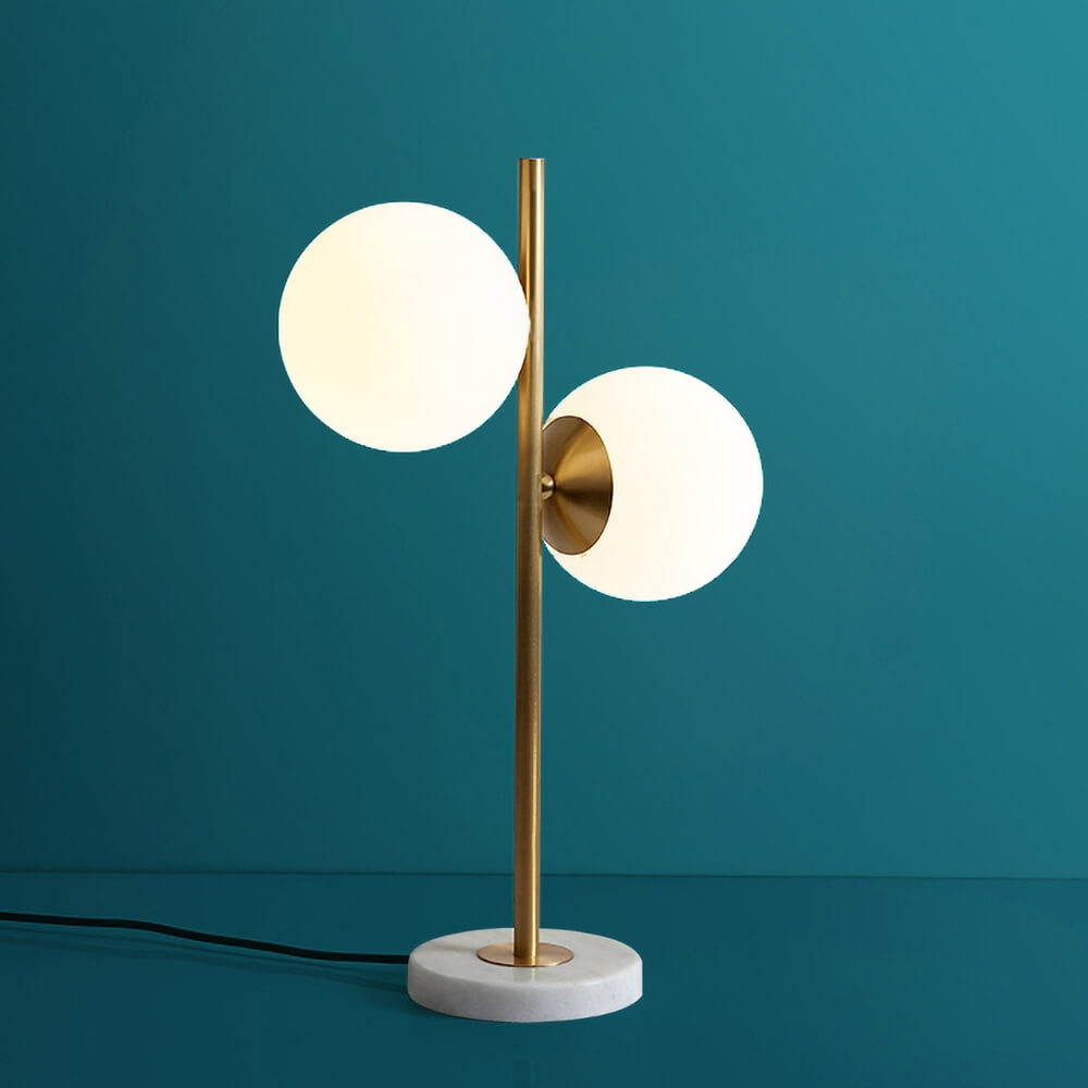 Modern Gold-Finish Faux Marble Table Lamp with 2 White Glass Globes
