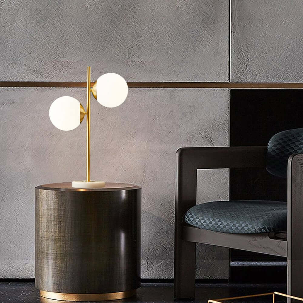Modern Gold-Finish Faux Marble Table Lamp with 2 White Glass Globes
