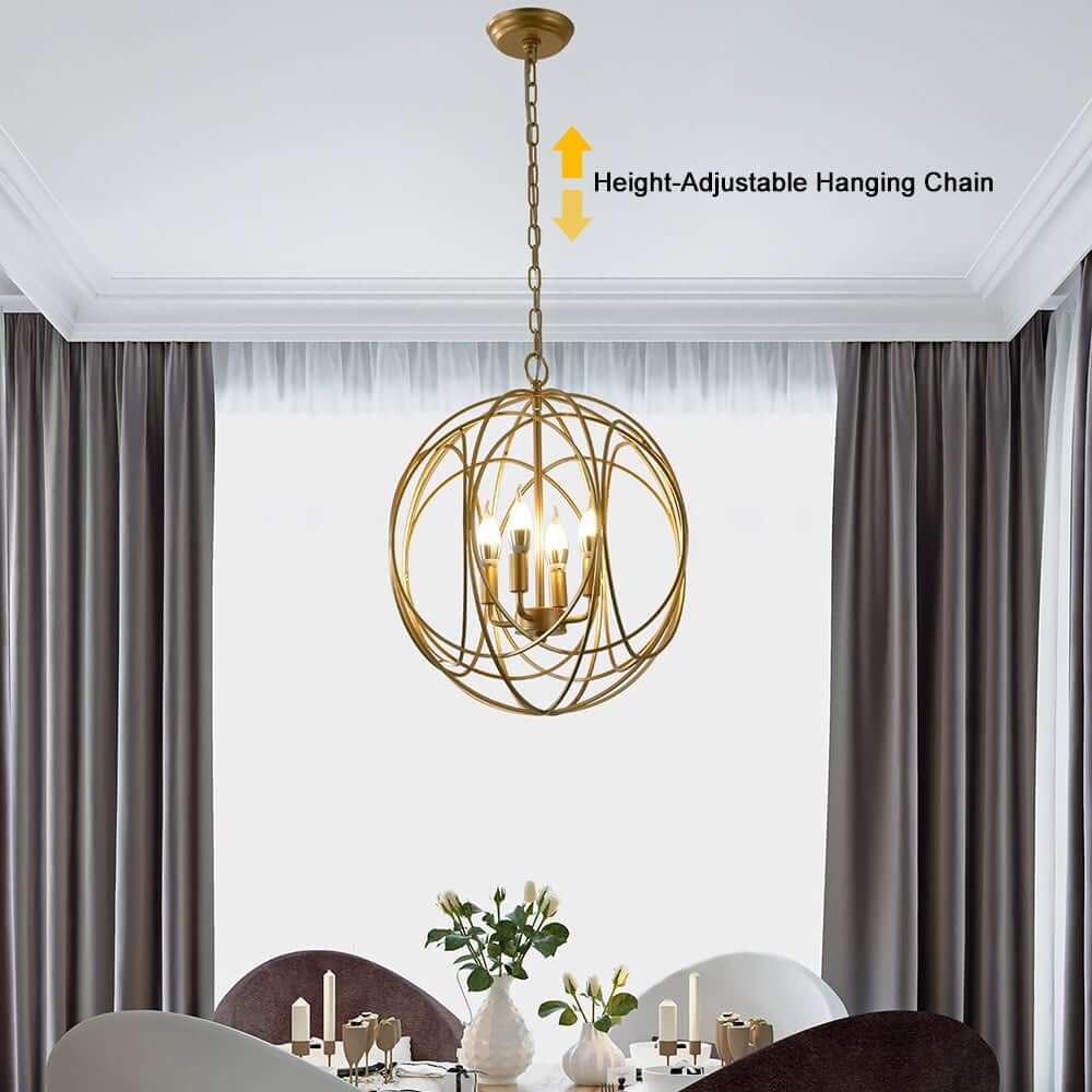 Modern Gold Metal 4-Light Candle Chandelier with Adjustable Chain