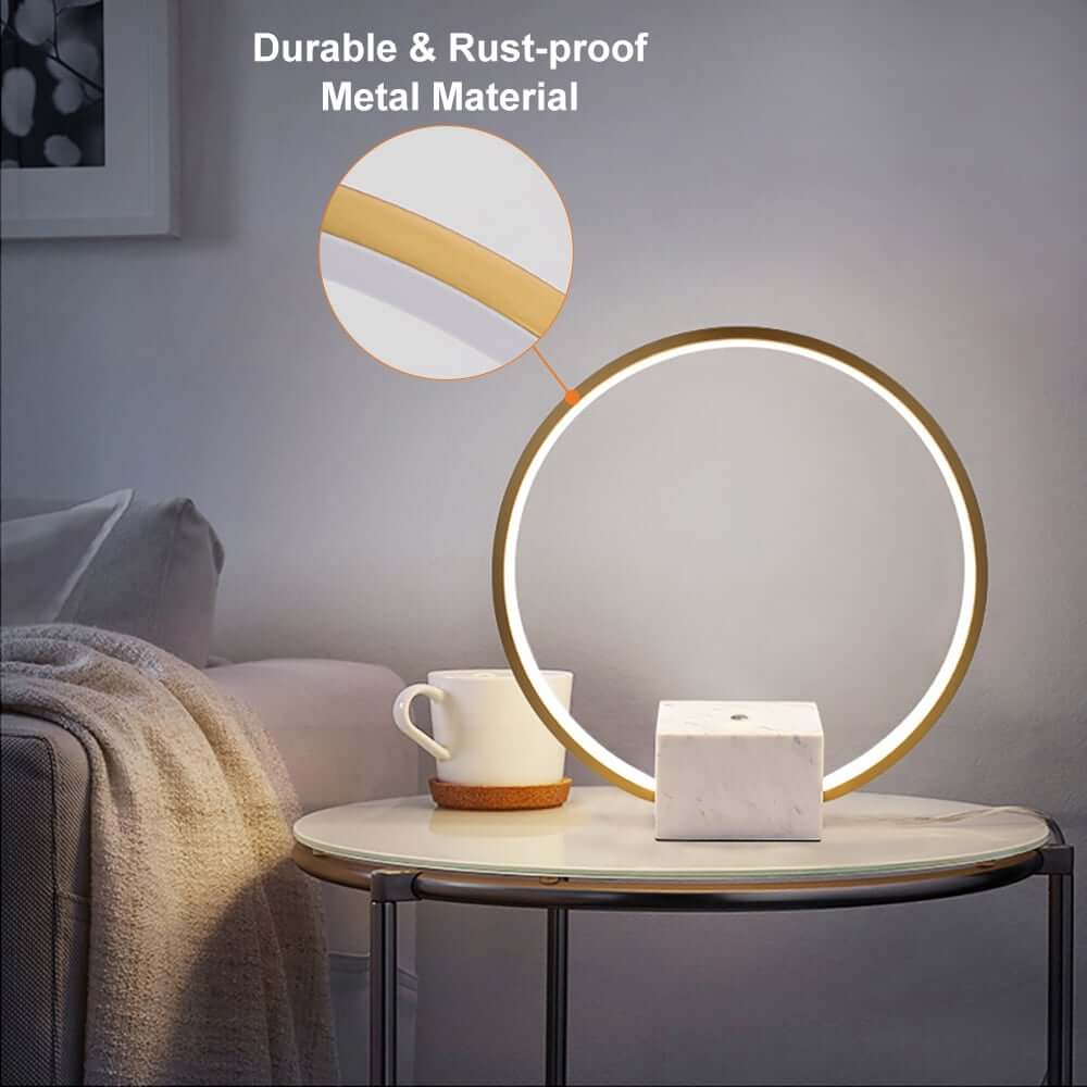 Modern Gold Metal Ring Table Lamp with Faux Marble Base