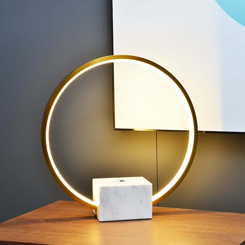 Modern Gold Metal Ring Table Lamp with Faux Marble Base Main Product Image