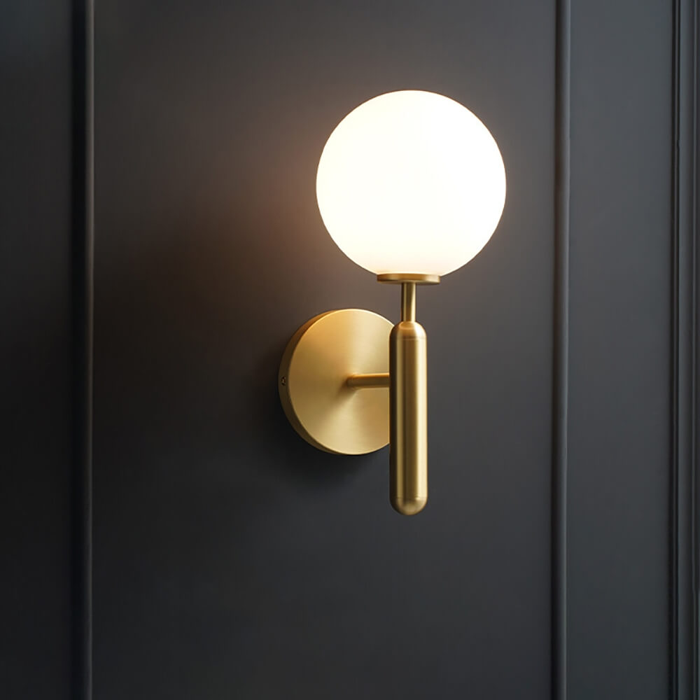 Modern Gold Wall Sconce with White Glass Globe Shade Main Product Image