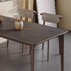 Gray rectangular rock slab tabletop dining table with solid wood support