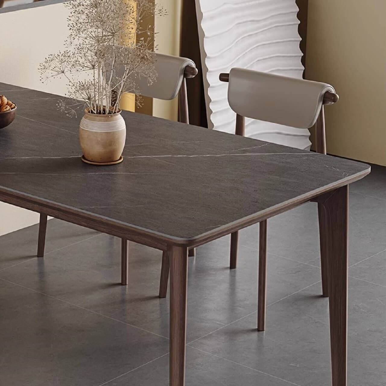 Gray rectangular rock slab tabletop dining table with solid wood support
