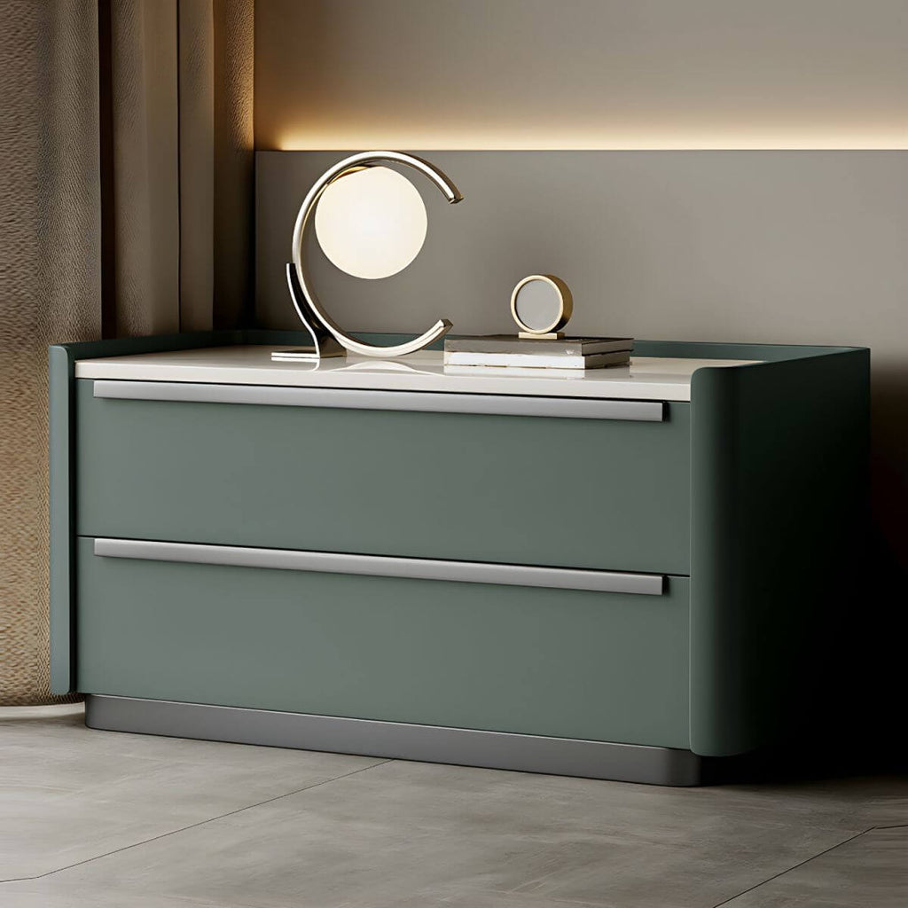 Modern Green Drawer Storage Nightstand with Stone Top