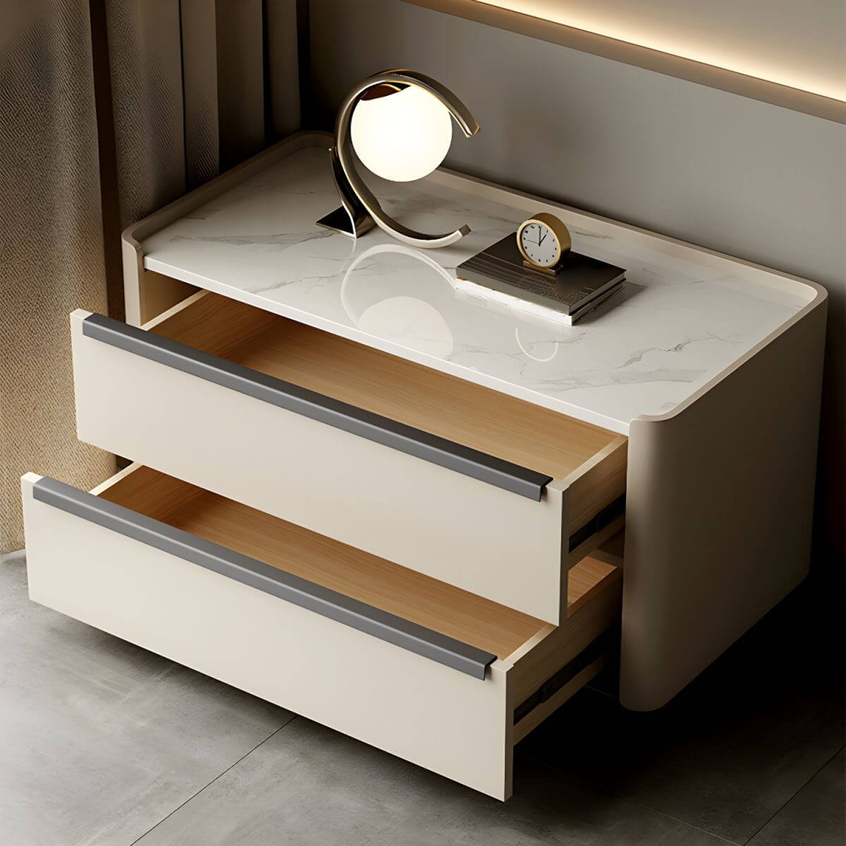 Modern Green Drawer Storage Nightstand with Stone Top