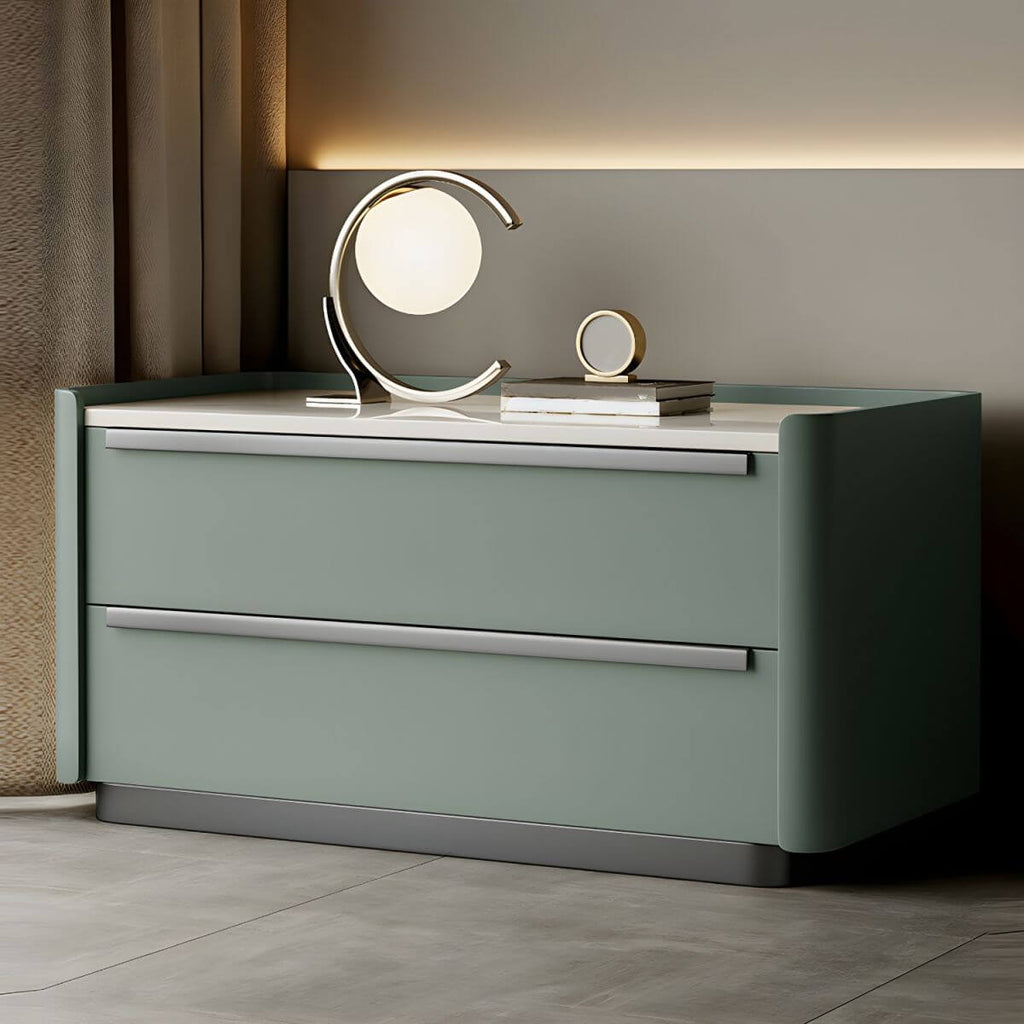 Modern Green Drawer Storage Nightstand with Stone Top