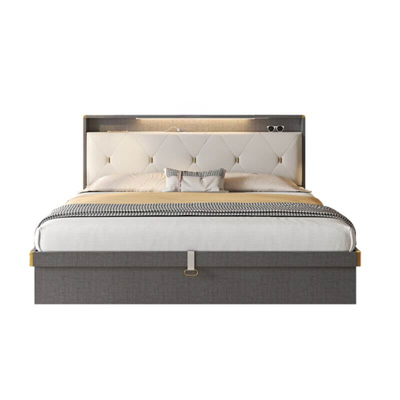 Modern Grey and White Wood Bed with Built-In Lighting and Storage