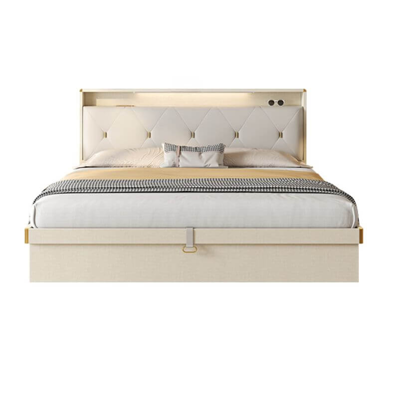 Modern Grey and White Wood Bed with Built-In Lighting and Storage