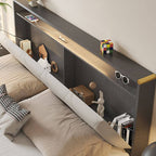 Modern Grey and White Wood Bed with Built-In Lighting and Storage