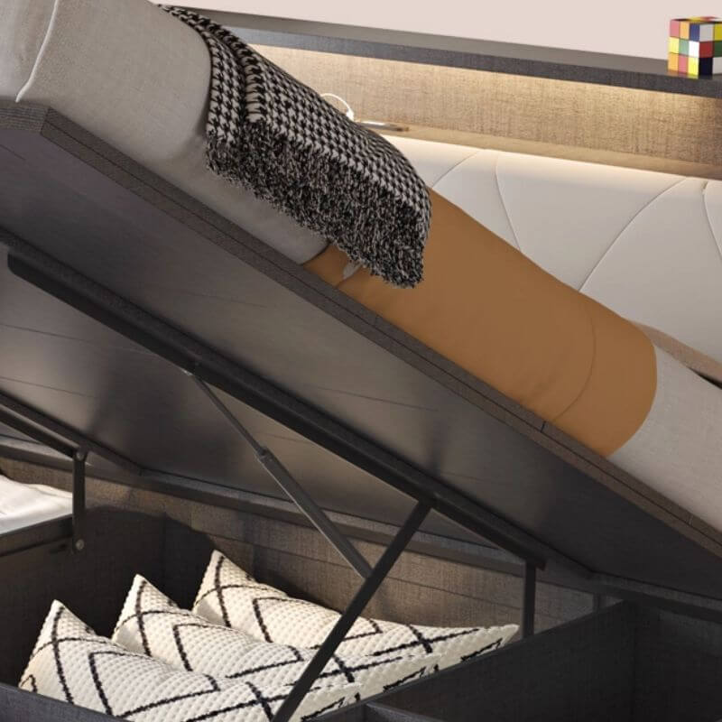 Modern Grey and White Wood Bed with Built-In Lighting and Storage