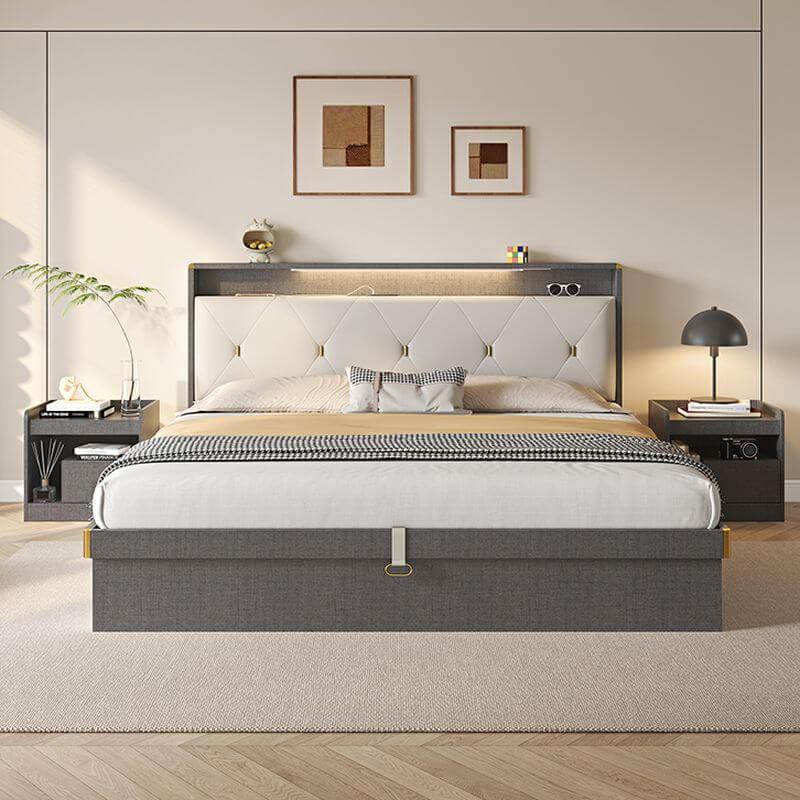 Modern Grey and White Wood Bed with Built-In Lighting and Storage Main Product Image