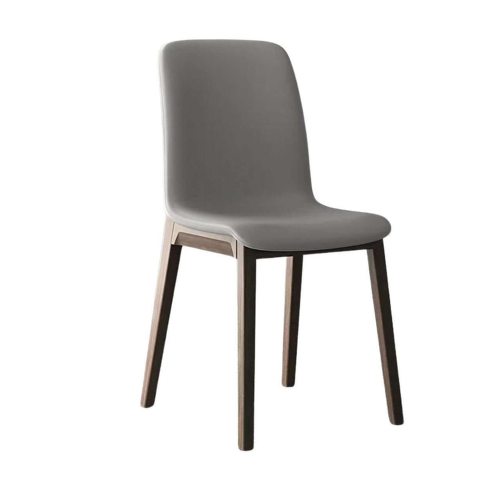 Single modern grey leather dining chair with durable fan-back design and minimalist style
