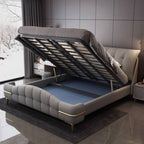 Modern Grey Elevated Storage Panel Bed with Genuine Leather Upholstery