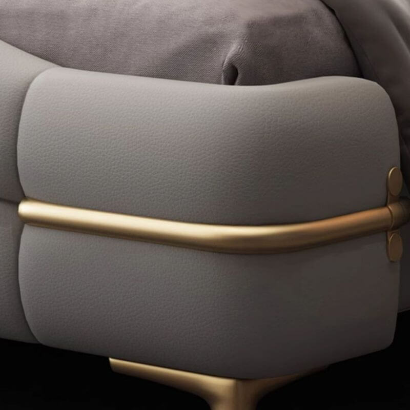 Modern Grey Elevated Storage Panel Bed with Genuine Leather Upholstery