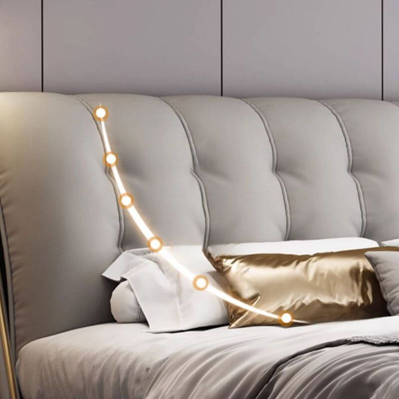 Modern Grey Elevated Storage Panel Bed with Genuine Leather Upholstery