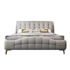 Modern Grey Elevated Storage Panel Bed with Genuine Leather Upholstery