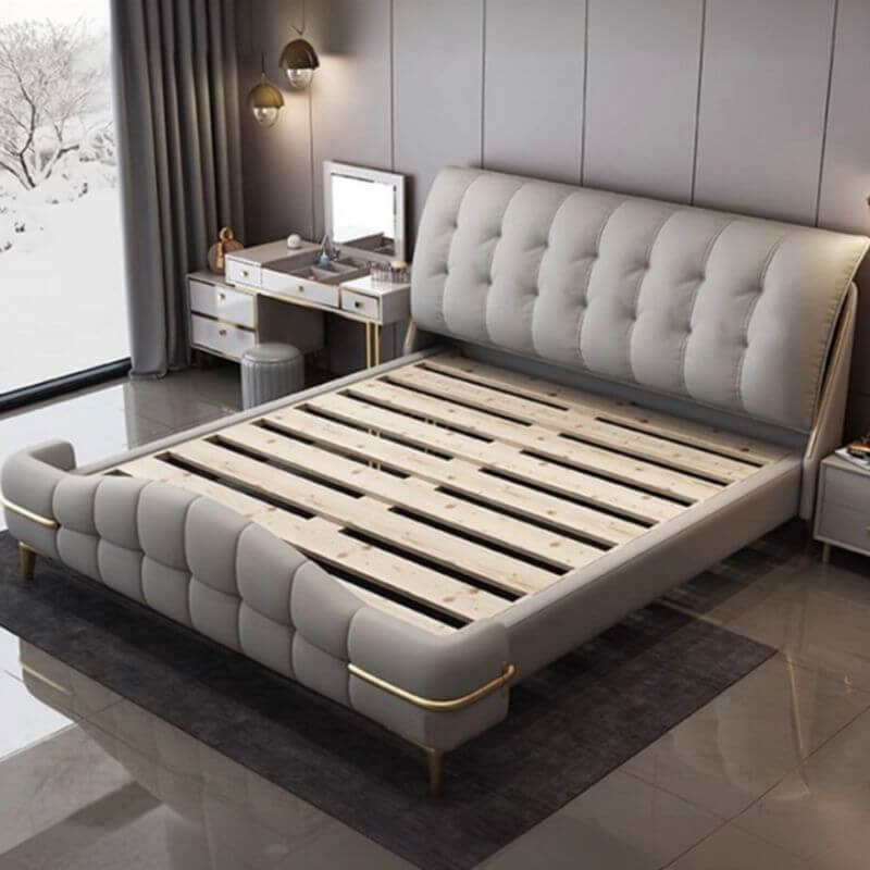 Modern Grey Elevated Storage Panel Bed with Genuine Leather Upholstery