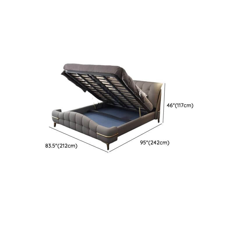 Modern Grey Elevated Storage Panel Bed with Genuine Leather Upholstery Dimensions