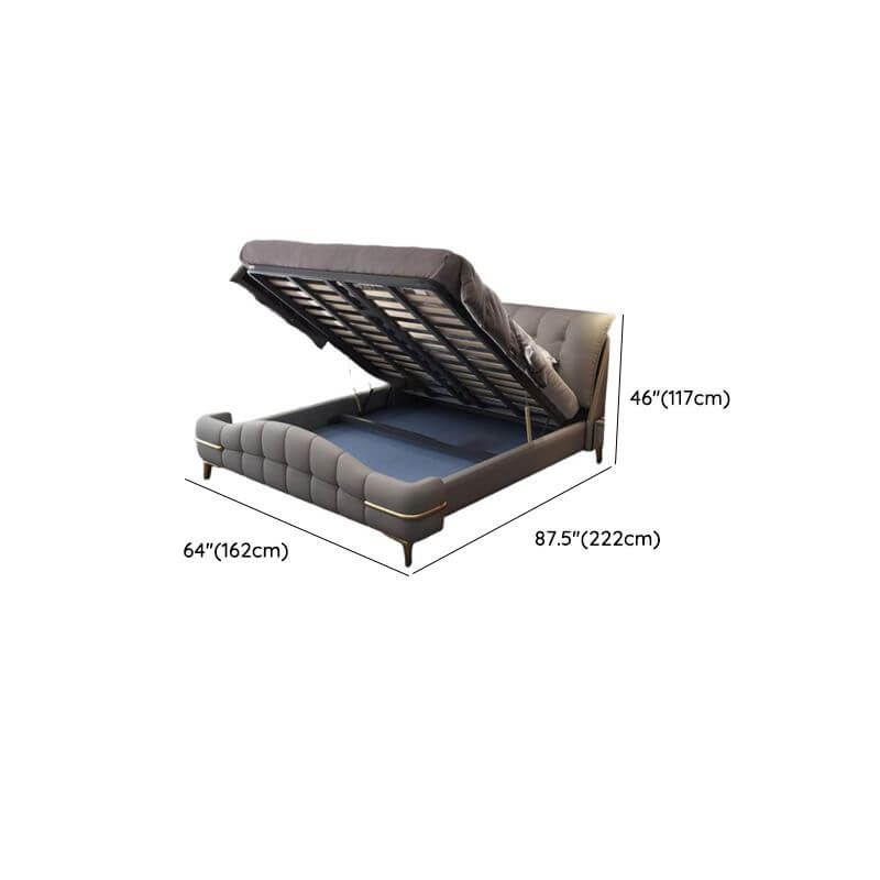 Modern Grey Elevated Storage Panel Bed with Genuine Leather Upholstery Dimensions