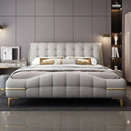 Modern Grey Elevated Storage Panel Bed with Genuine Leather Upholstery Main Product Image