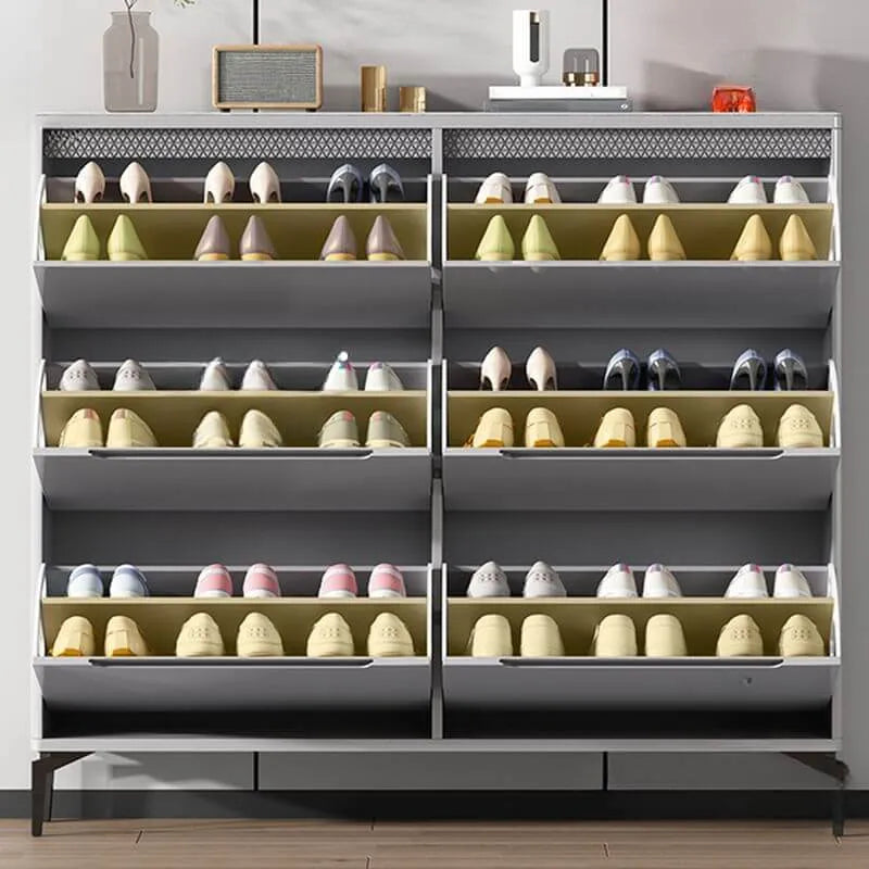 Modern Grey Engineered Wood 3-Tier Shoe Cabinet with Push-Open Doors