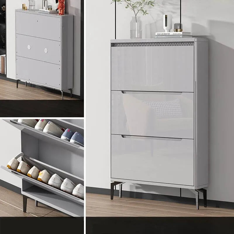 Modern Grey Engineered Wood 3-Tier Shoe Cabinet with Push-Open Doors