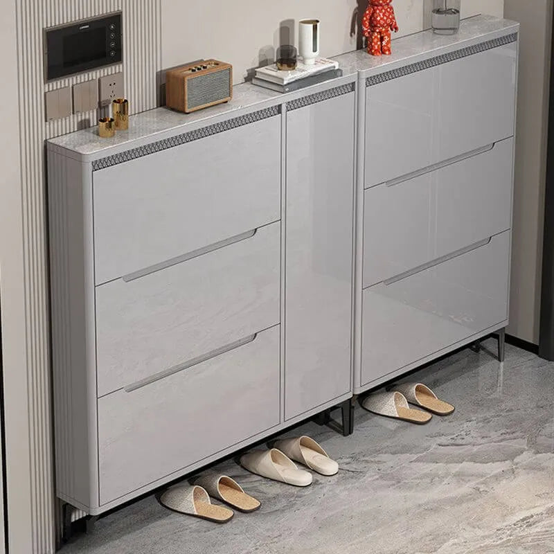 Modern Grey Engineered Wood 3-Tier Shoe Cabinet with Push-Open Doors