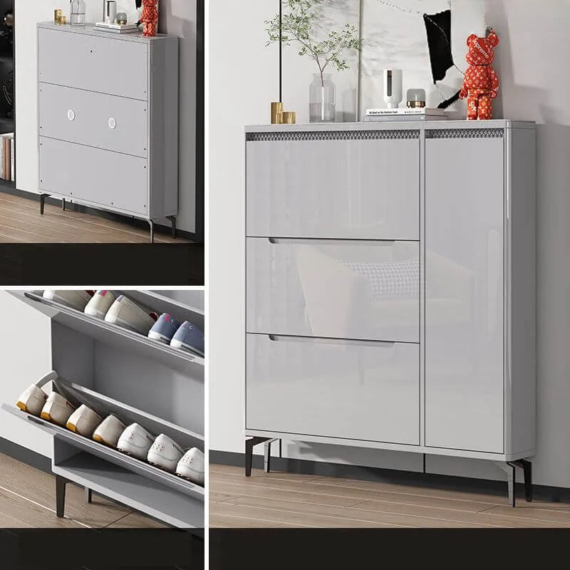 Modern Grey Engineered Wood 3-Tier Shoe Cabinet with Push-Open Doors
