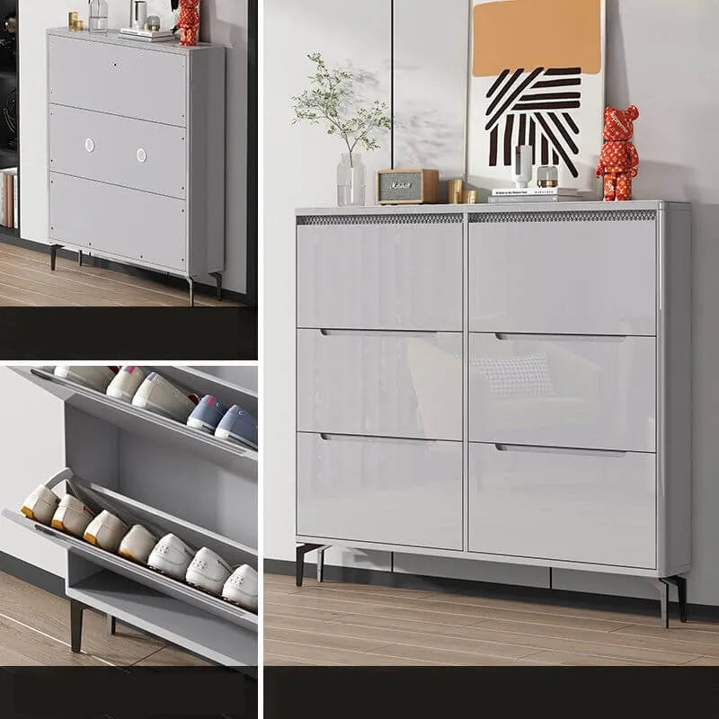 Modern Grey Engineered Wood 3-Tier Shoe Cabinet with Push-Open Doors