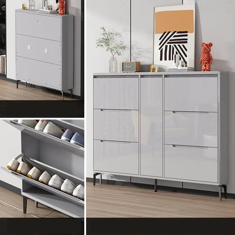 Modern Grey Engineered Wood 3-Tier Shoe Cabinet with Push-Open Doors