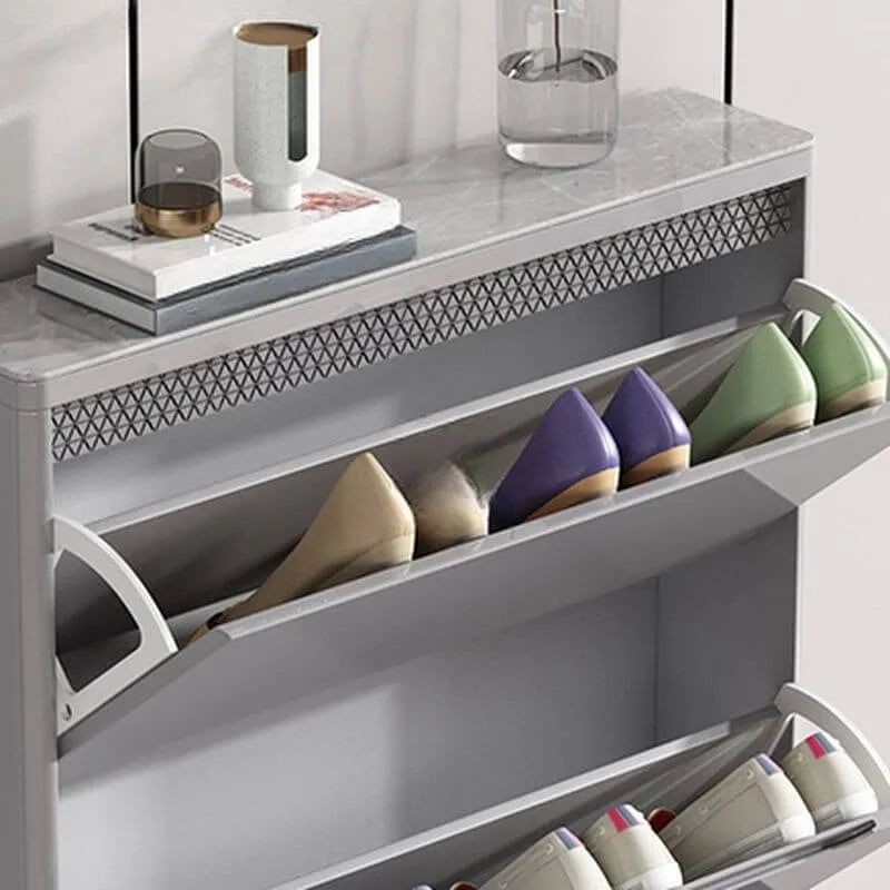 Modern Grey Engineered Wood 3-Tier Shoe Cabinet with Push-Open Doors