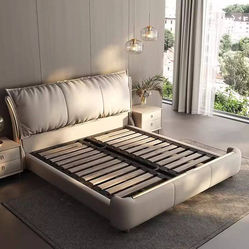 Modern Grey Panel Bed with High Headboard and Fixed Height